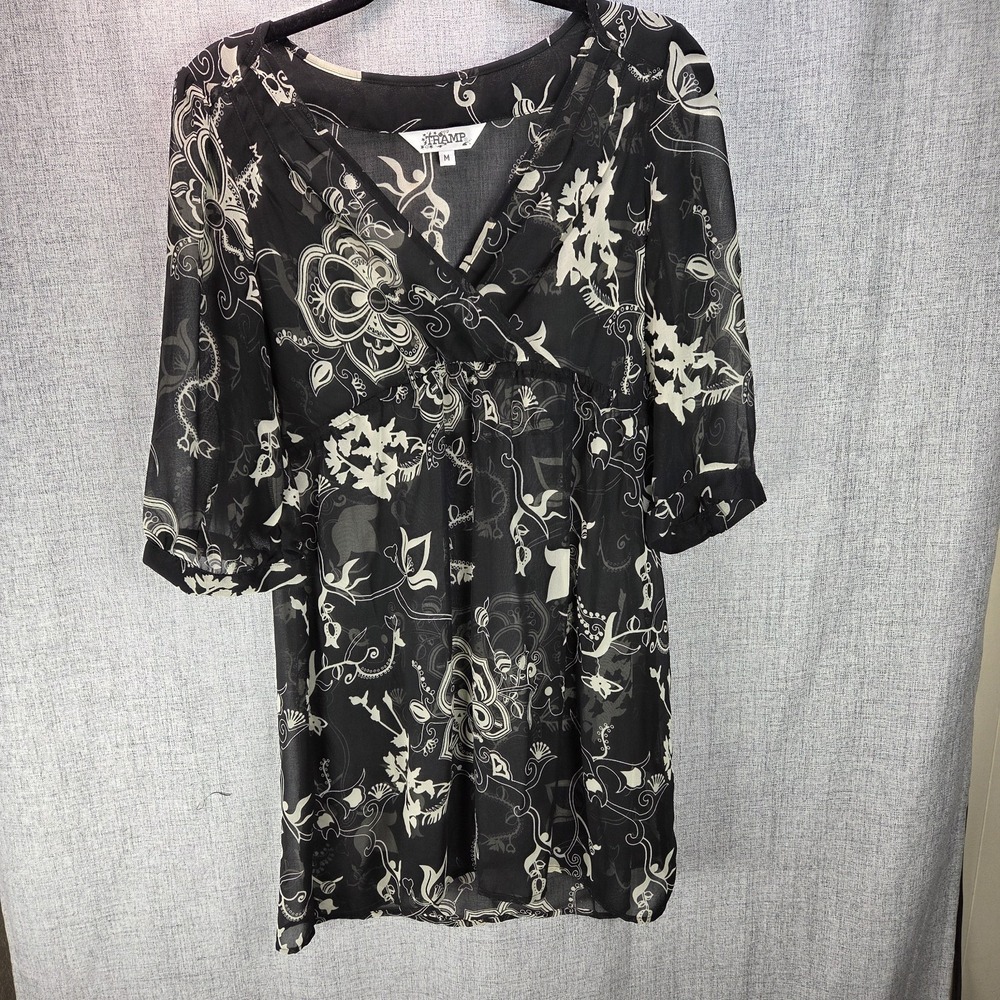 Tramp VTG Black Floral Print Balloon Sleeve Sheer Babydoll Blouse Medium Y2K